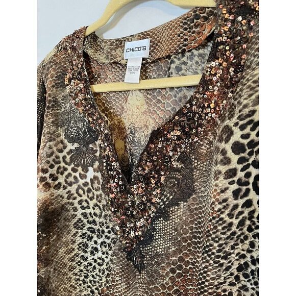 Chicos Top XL Brown Animal Print Tunic Sequin Neutral Twee Western 80s Safari - Picture 3 of 12